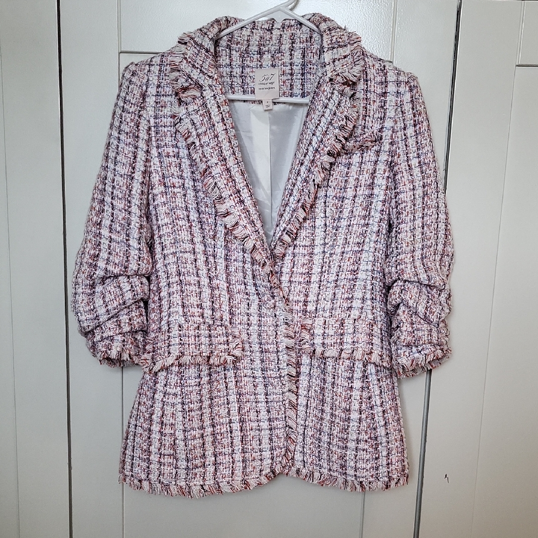 Textured Pink Tweed Blazer With Frayed Trim